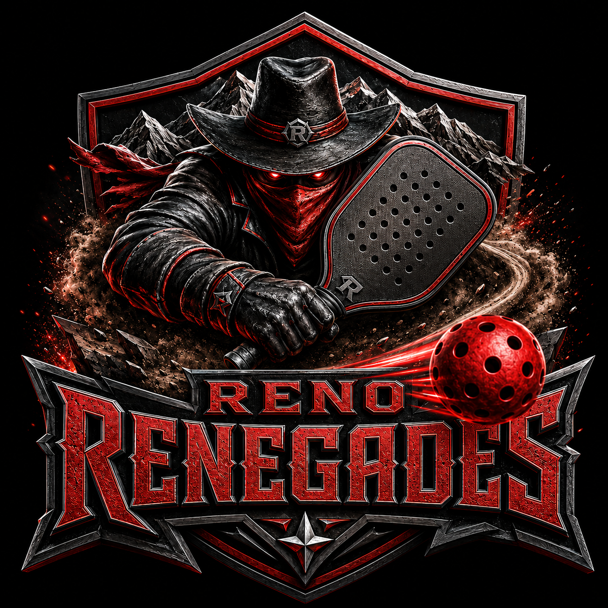 Official Reno Renegades artwork: a masked outlaw in a steel shield, glowing red eyes, pickleball paddle, Nevada mountains, and the RENO RENEGADES wordmark.